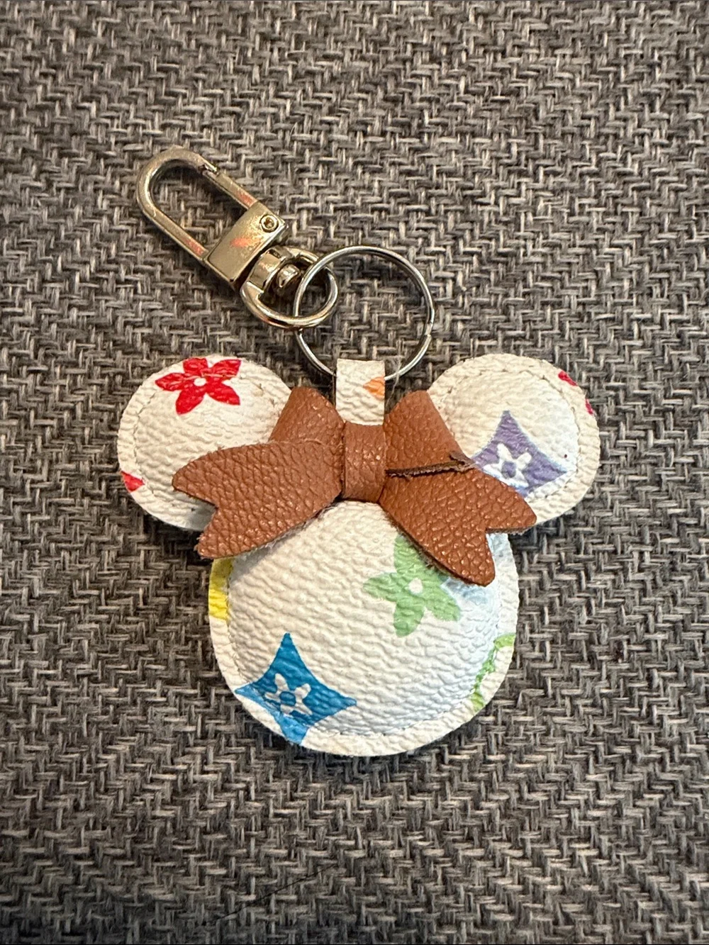 White Mickey Mouse Ear Keychain with Multicolor Monogram and Brown Bow